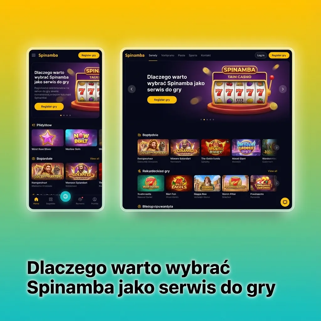Grafika promocyjna Spinamba: zakłady sportowe, e‑sport i kasyno online na jednej polskojęzycznej platformie