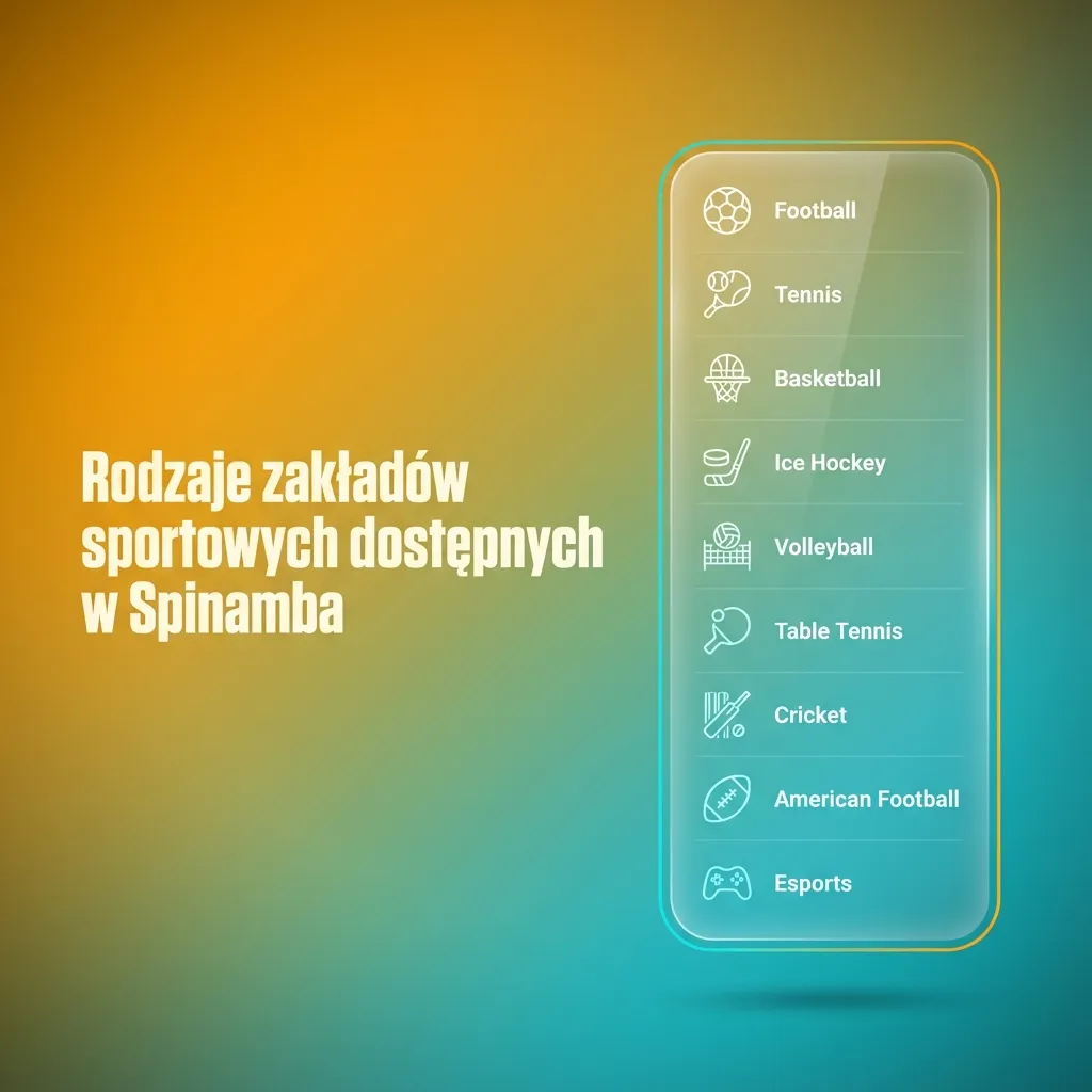 Grafika promująca Spinamba z ikonami piłki nożnej, tenisa, koszykówki, siatkówki i sportów zimowych